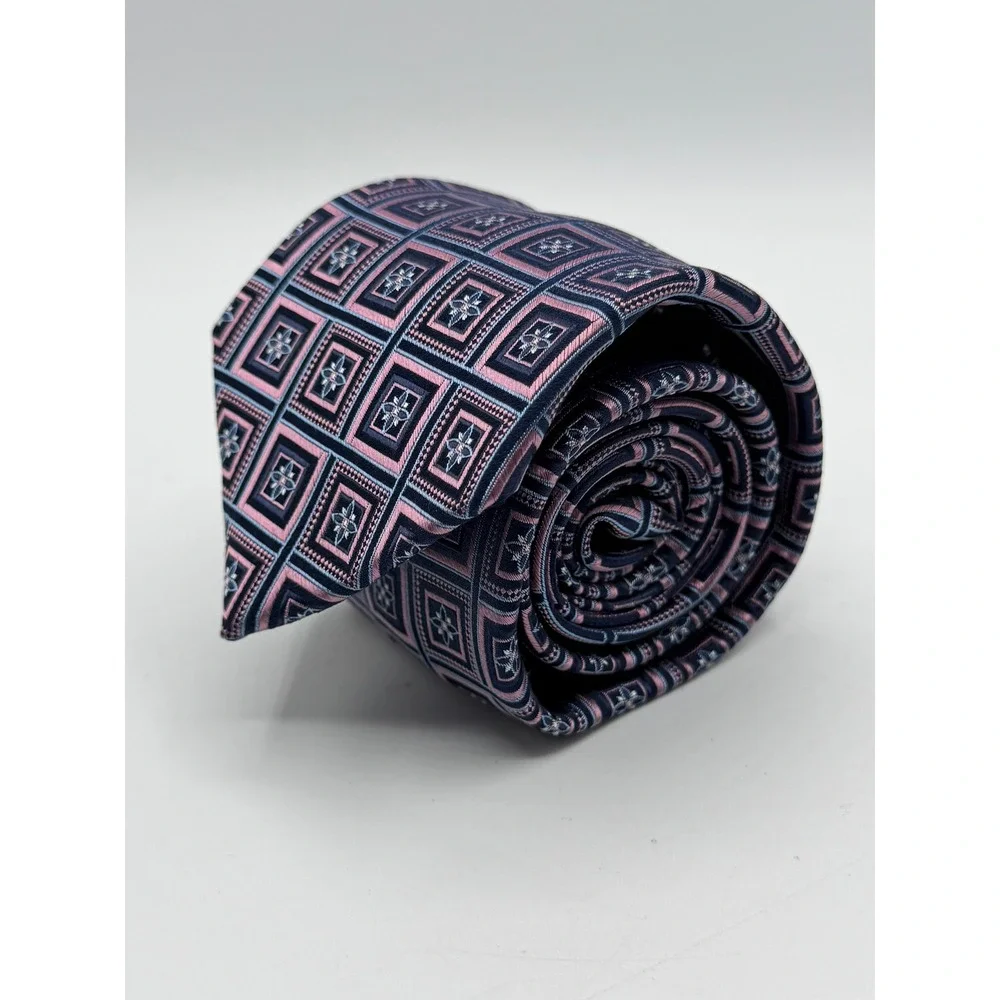 Jos. A. Bank Reserve Navy Pink Geometric Floral Silk Men's Necktie Classic Width